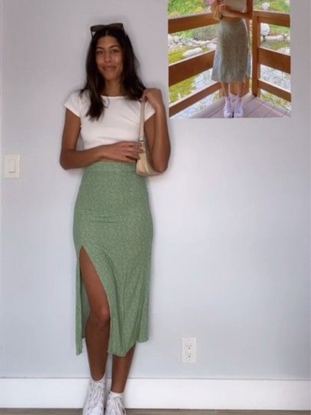 Sage Green Ditsy Floral High Waist Front Slit Midi Skirt Reformation Style